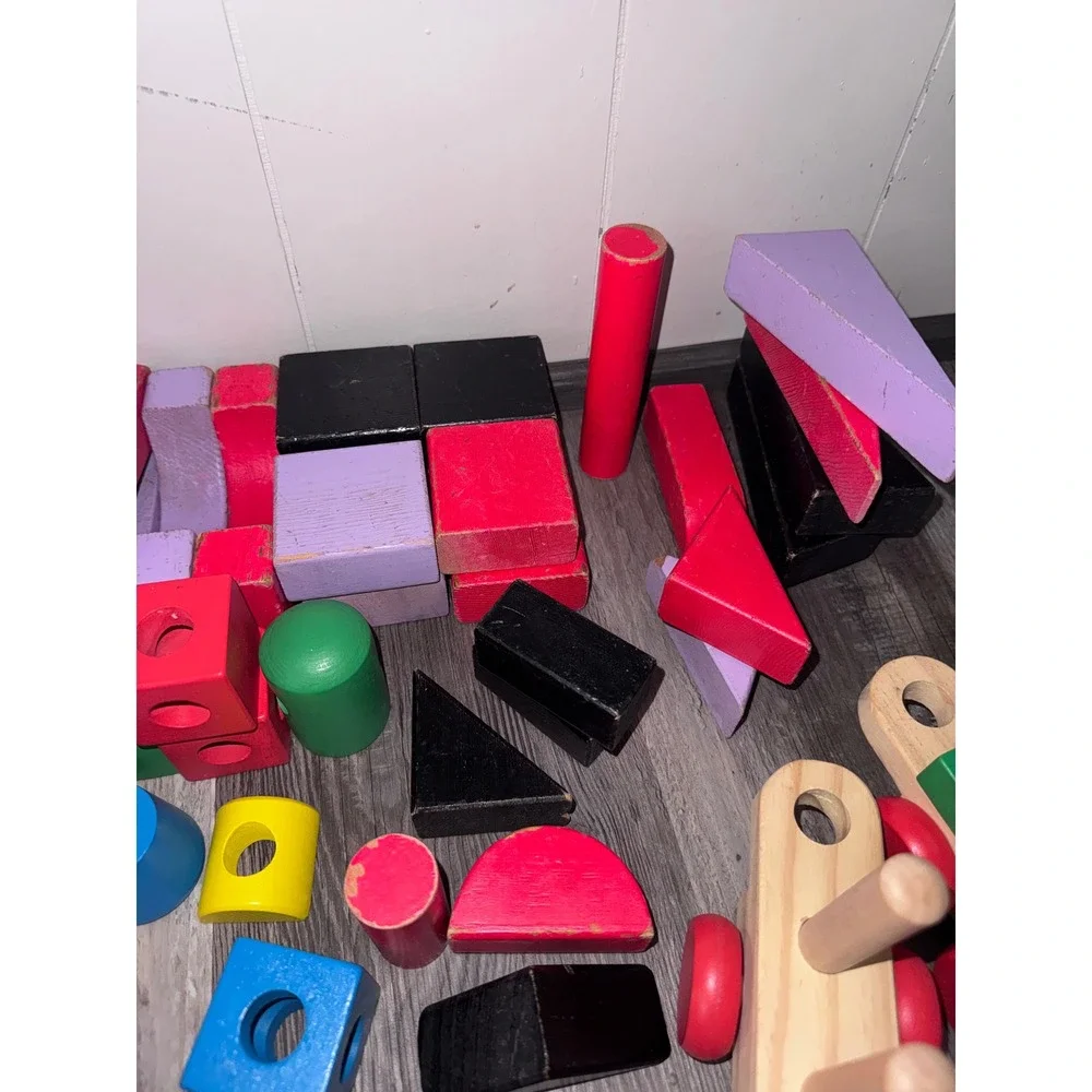 Wooden Stacking Train and Building Blocks Toy Lot Mixed Shapes